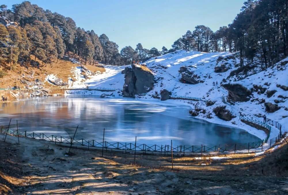 A snow-fringed alpine lake near Jibhi in winter